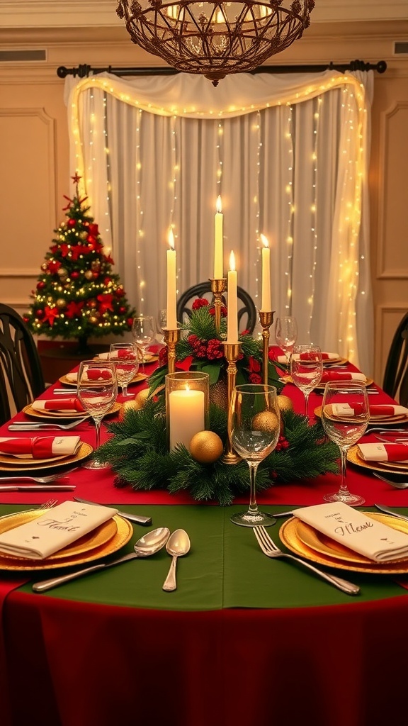 A festive Christmas table setting with red and green decorations, candles, and ornaments.